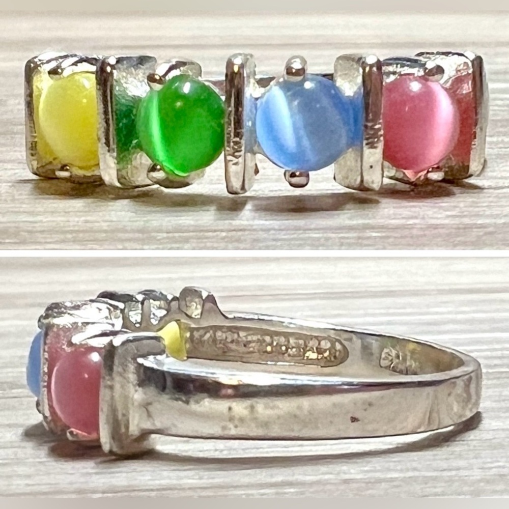 Designer Signed CW Sterling Silver Pastel Multi-Colored Cats Eye Ring, Size 7